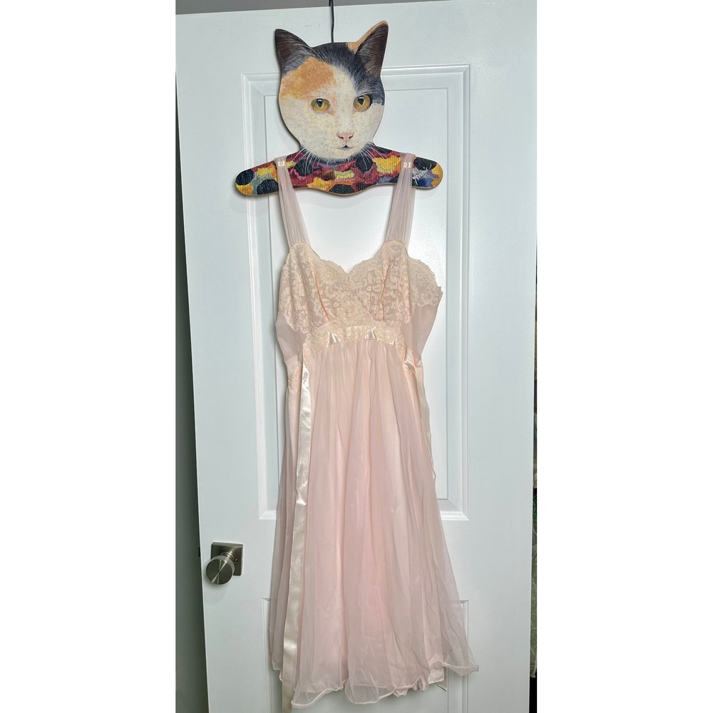 Vintage 1950s Van Raalte Baby Pink Nightgown Lace Nylon Sheer Babydoll Slip - Picture 7 of 7